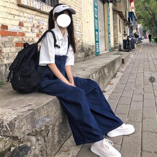牛仔小個子背帶褲女可愛寬鬆軟妹可拆卸顯瘦闊腿褲直筒褲
