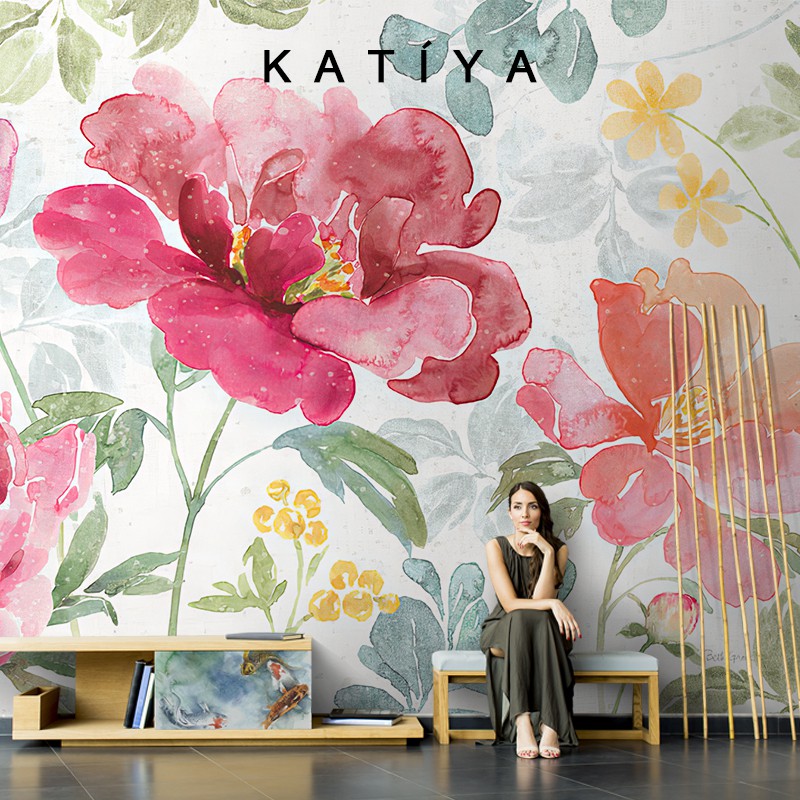 Katiya美式手繪田園牡丹花藝術客廳電視背景墻壁紙無縫壁畫墻布8d 蝦皮購物