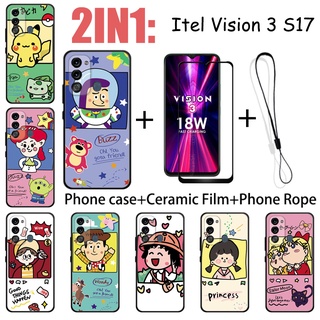 2 合 1 Itel Vision 3 Itel S17 手機殼帶鋼化玻璃陶瓷膜螢幕保護膜可愛人物系列
