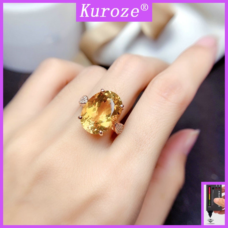 Kuroze 18K玫瑰金白金新款幸運黃鑽莫桑石圓形天然黃水晶戒指彩色寶石女士開口戒指