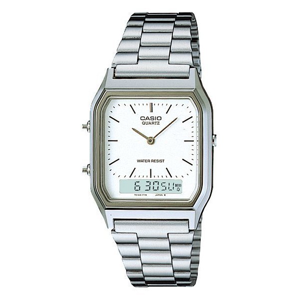 【八度空間】CASIO AQ-230A-7D 銀色復古雙顯錶.日常生活防水