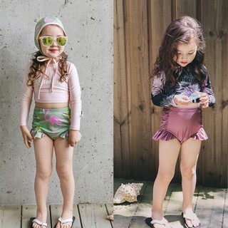 💗臺灣現貨💗 女童長袖游泳衣 防曬泳衣+泳帽 泳裝 超可愛 三件組