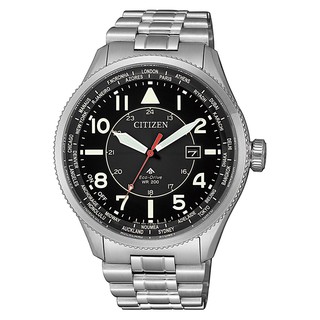 CITIZEN 星辰錶 PROMASTER 萬年曆光動能銀色不鏽鋼腕錶-黑面(BX1010-53E)44mm