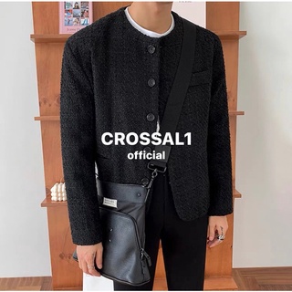 【CROSSAL1】韓國🇰🇷 短版小香風無領開襟衫外套 小香風外套 編織 寬鬆 無領 長袖外套 外套