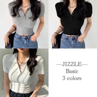 —JIZZLE基本款— 韓國🇰🇷3色♡ 修身顯身親膚純棉螺紋彈力Polo領排扣短袖T恤上衣