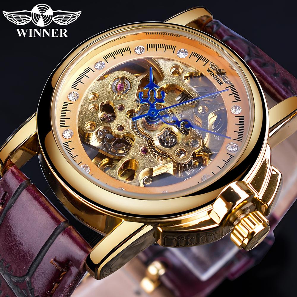 Winner 經典復古設計藍色指針女士時尚金色鏤空鑽石顯示機械手錶女士禮物