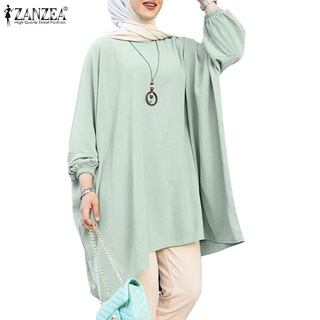 ZANZEA 女士時尚休閒全袖純色不規則下擺復古穆斯林上衣