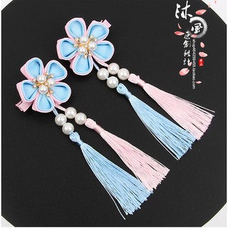 【黃小立立】手工飾品兒童髮飾女童頭飾中國風和風櫻/花流蘇旗袍發飾真水貂毛日式和風扇子髮夾一對組