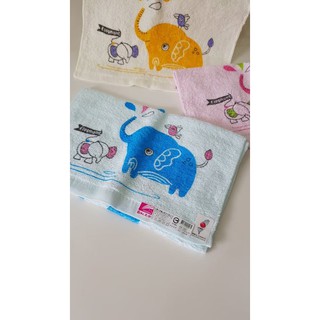 萊亞生活館 彩虹毛巾 200T兔與象的嬉戲印花童巾 小毛巾(一打12條入)內含3色 100%棉 台灣製造