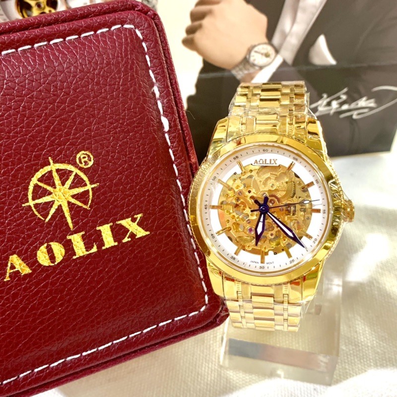 ✨ AOLIX 保固 奢華 機械男錶 防刮防水 金錶白面 日本石英機芯 評價超好熱賣款
