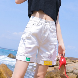 白色牛仔短褲女五分褲高腰直筒夏季新款韓版寬鬆休閒破洞熱褲