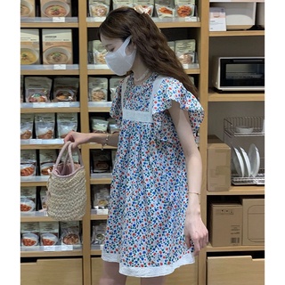 法式甜美設計感小眾拼接圓領連衣裙女學生夏季寬鬆遮肉碎花裙子