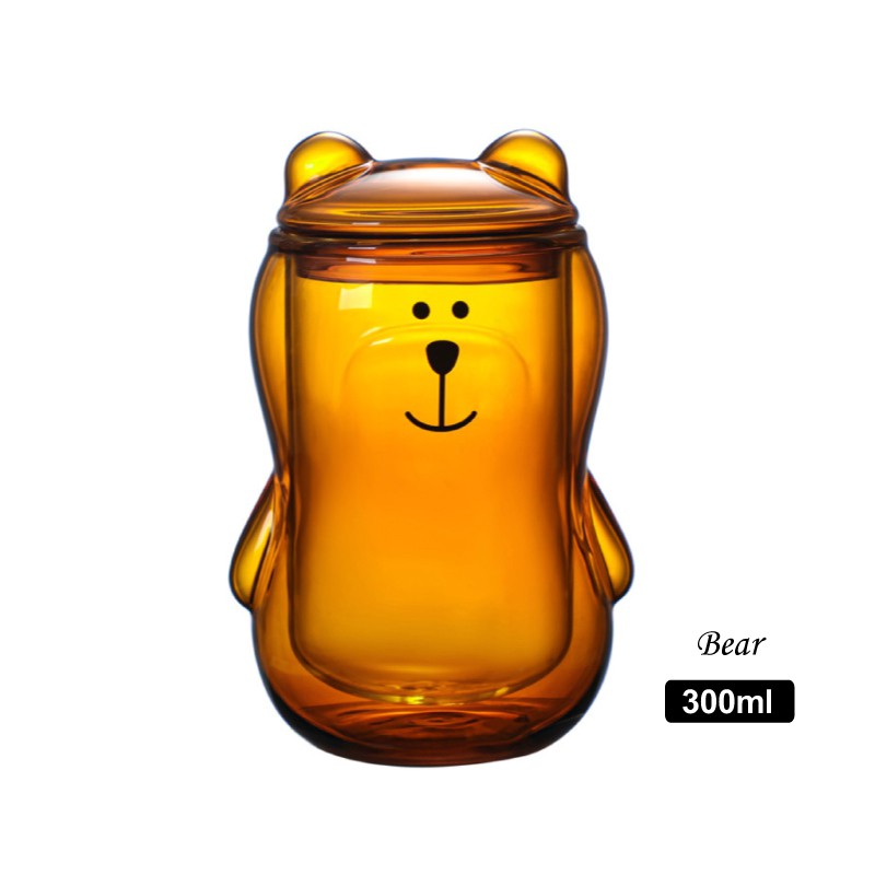 KAYEN 熊熊雙層耐熱玻璃杯 300ml帶蓋琥珀款
