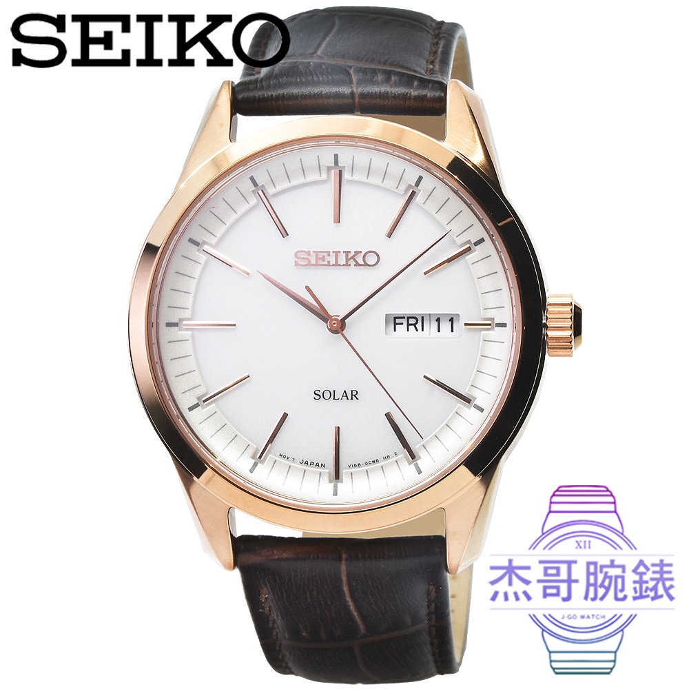 【杰哥腕錶】SEIKO精工太陽能藍寶石皮帶男錶-玫瑰金框白面 / SNE530P1