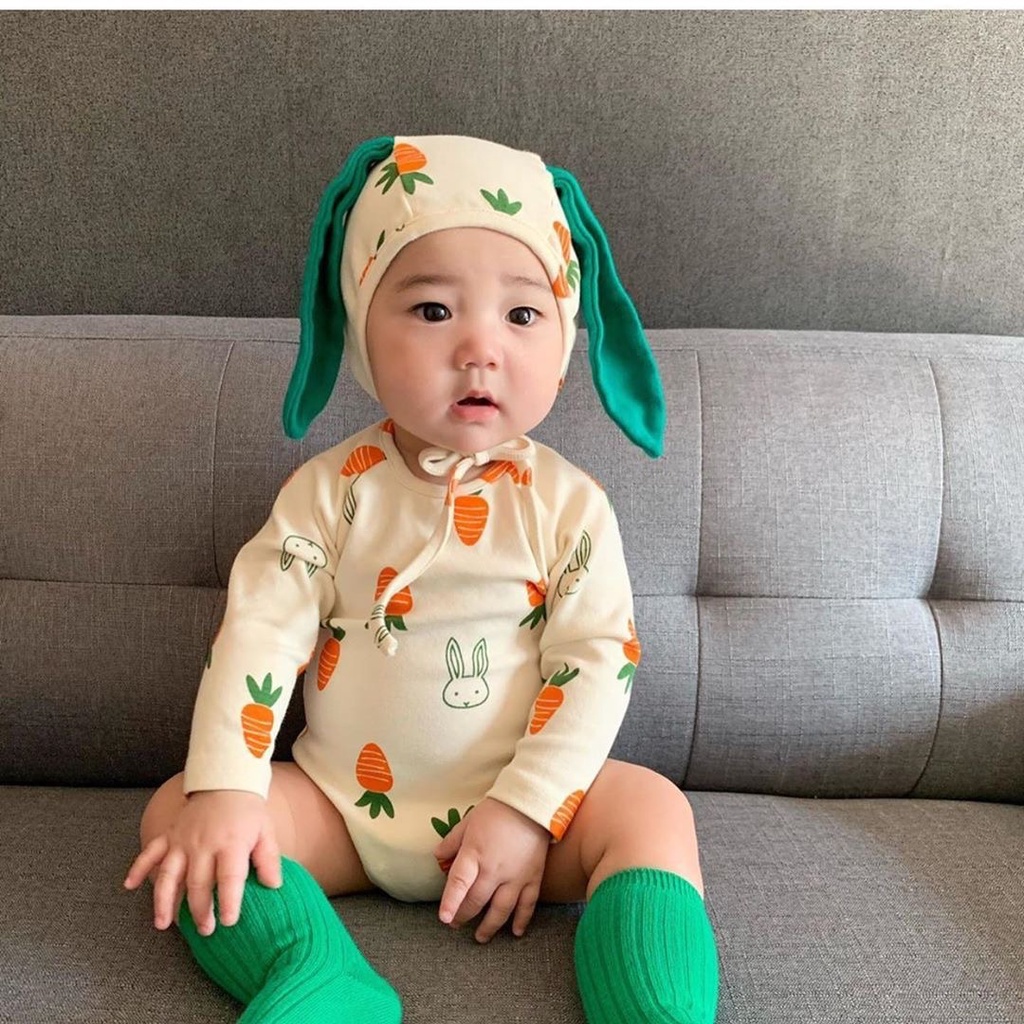 可愛胡蘿蔔造型嬰兒包屁衣秋冬季長袖嬰兒爬服附贈帽子嬰兒套裝寶寶衣服0-2歲