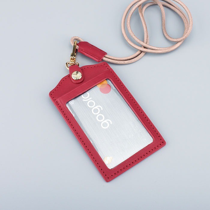 歐洲/義大利植鞣革 玫瑰紅直立式卡套 gogoro感應卡套 牛皮證件卡套 識別證卡套 掛繩