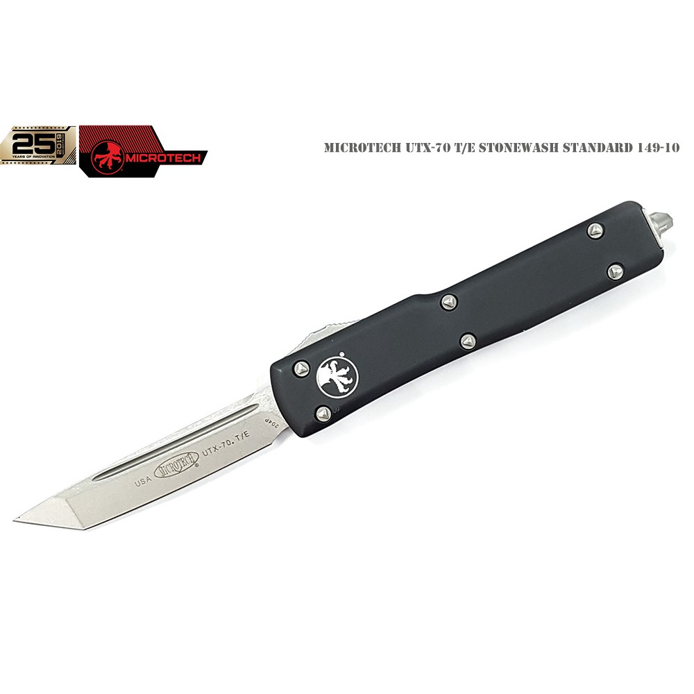 Microtech UTX-70黑鋁柄TANTO刃彈簧刀(石洗平刃) - CTS-204P鋼