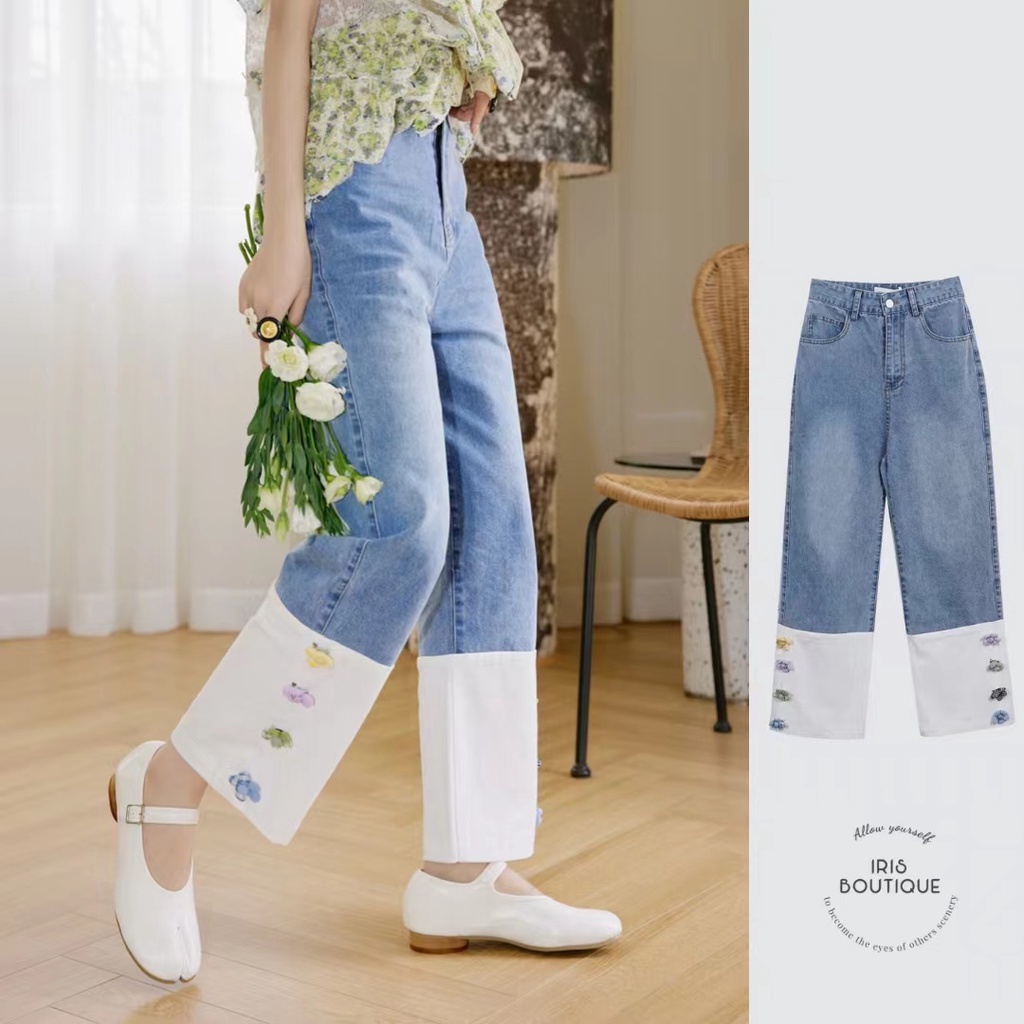 IRIS BOUTIQUE  rainbow flowers jeans IP2251258 藍白拼接女士夏日牛仔褲
