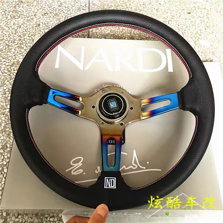 NARDI通用汽車改裝通用方向盤 ND燒鈦半烤藍支架 14寸350mm 真皮 三幅透氣皮質 ND改裝