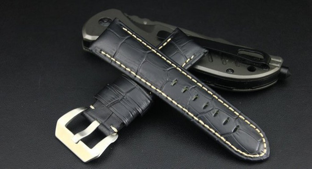 26mm 可替代沛娜漢panerai原廠錶帶之鱷魚皮紋路真牛皮製錶帶,不鏽鋼製錶扣,牢靠車縫線