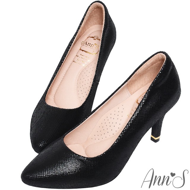 Ann’S成熟氣質3D氣墊細緻蛇紋羊皮尖頭高跟鞋-黑