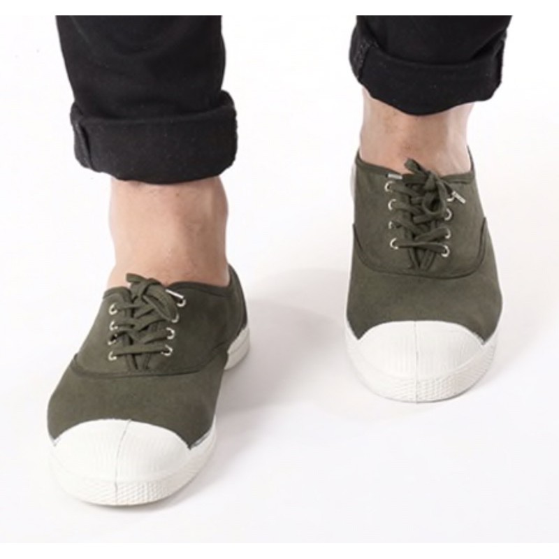 代購 法國bensimon 純手工製有機棉基本款橄欖綠綁帶帆布鞋