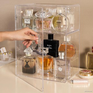 網紅防塵化妝品香水收納盒帶蓋亞克力立櫃雙層家用護膚品置物架子