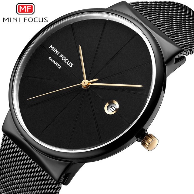 Mini FOCUS 男士時尚手錶簡約日本機芯日曆防水金屬網帶手錶