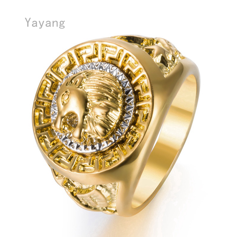 Yayang 嘻哈獅子頭戒指男士銀色金色朋克戒指時尚大號戒指