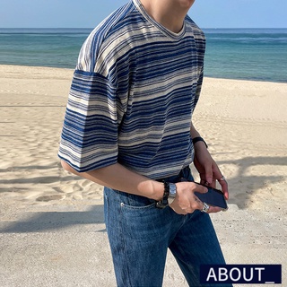 【ABOUT_歐巴】寬鬆圓領復古半袖條紋短袖T恤 韓 短袖上衣 T恤 條紋上衣 夏天 男
