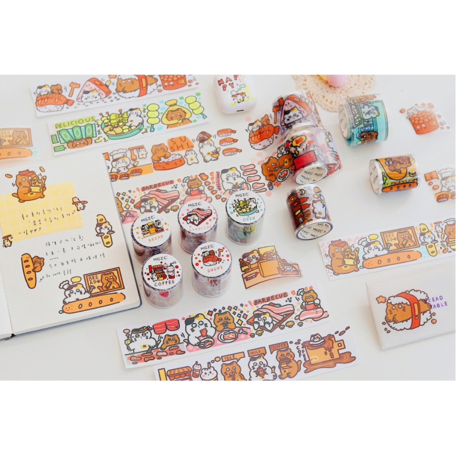 🍋檸檬青🍋台灣現貨PET材質貓貓美食系列可愛手繪卡通紙膠帶5款4.5cm*3m貼紙手帳裝飾素材