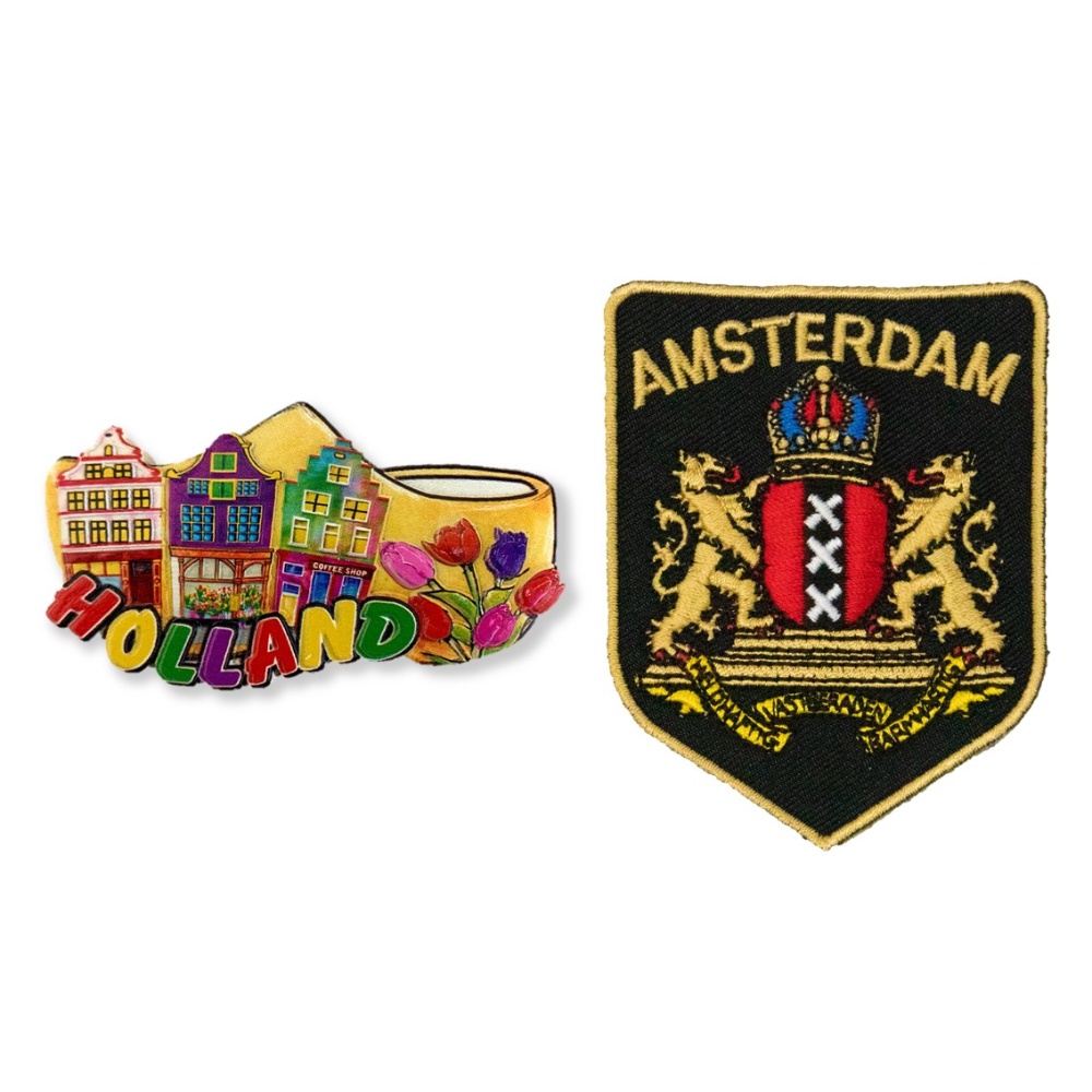 荷蘭彩色房屋冰箱磁鐵+阿姆斯特丹燙布貼【2件組】伴手禮物 出國紀念磁鐵 回憶磁鐵 冰箱磁貼 網紅打卡地標 造型磁鐵