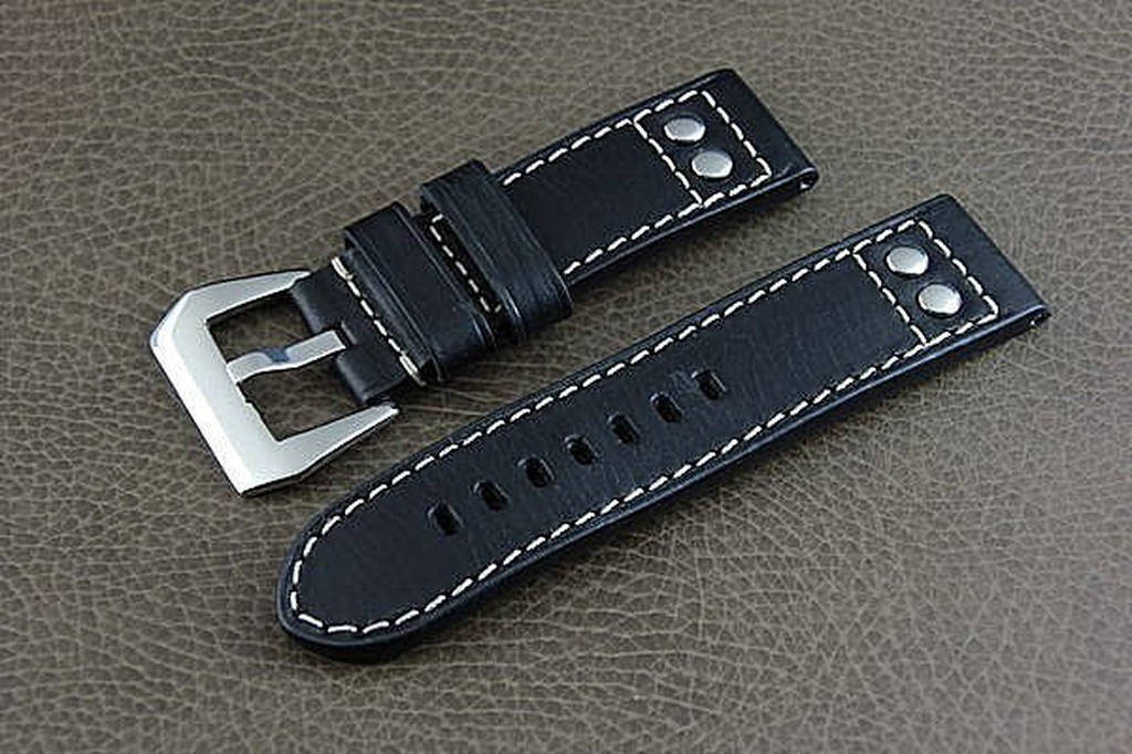 168錶帶配件 /24mm hamilton的新衣banda軍錶飛行風格鉚釘直身黑色真皮錶帶 seiKO PILOT