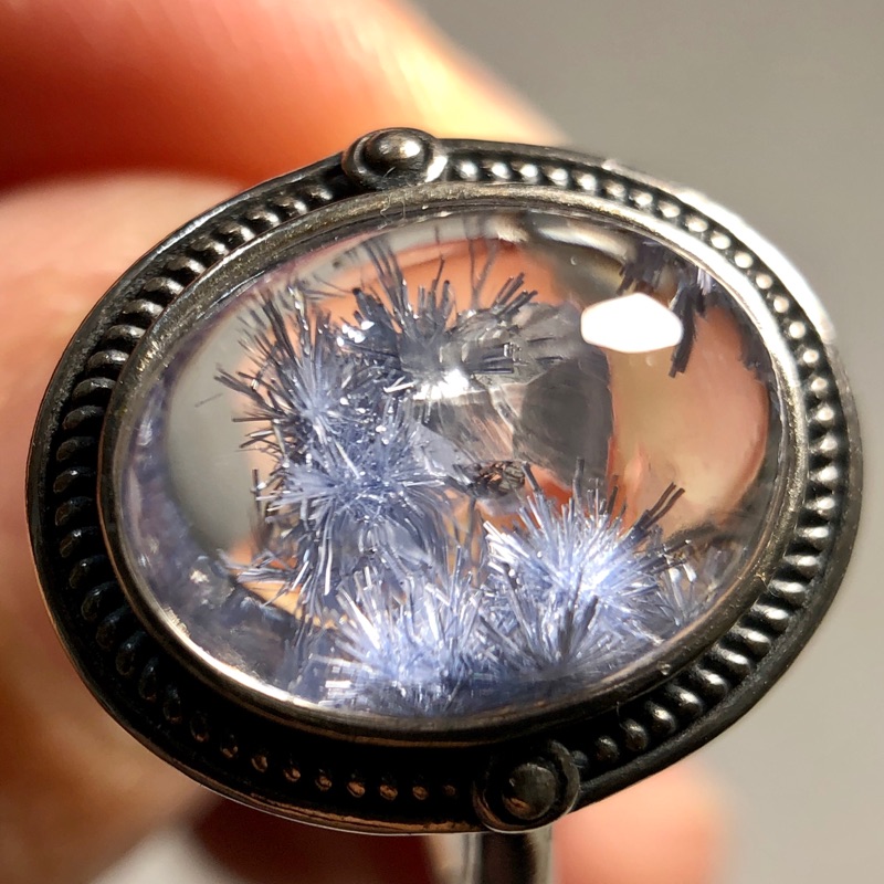 天然水晶 藍線石 晶中晶共生 純銀戒指