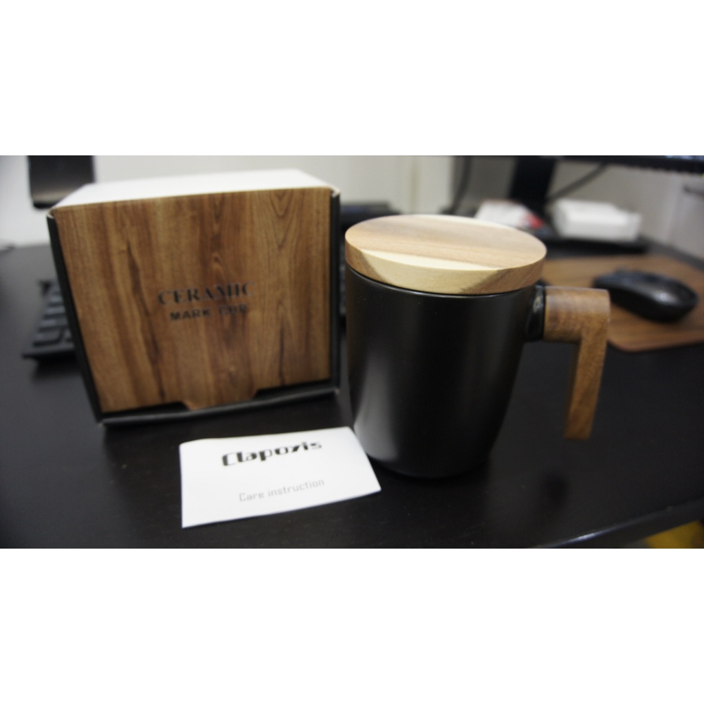 ↖有購便宜↘日本進口 Clapoyis 北歐風格木蓋木把黑色陶瓷馬克杯，特價$700