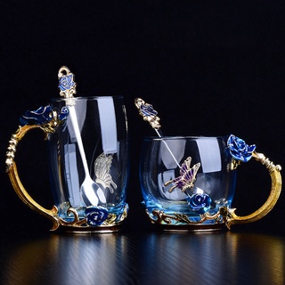 歐式琺瑯彩水杯 耐熱玻璃杯 咖啡泡茶杯子女 花茶杯 家用杯子 玫瑰水杯 創意情侶禮物