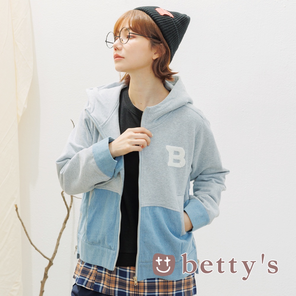 betty’s貝蒂思(15)牛仔布拼接字母連帽外套(灰色)