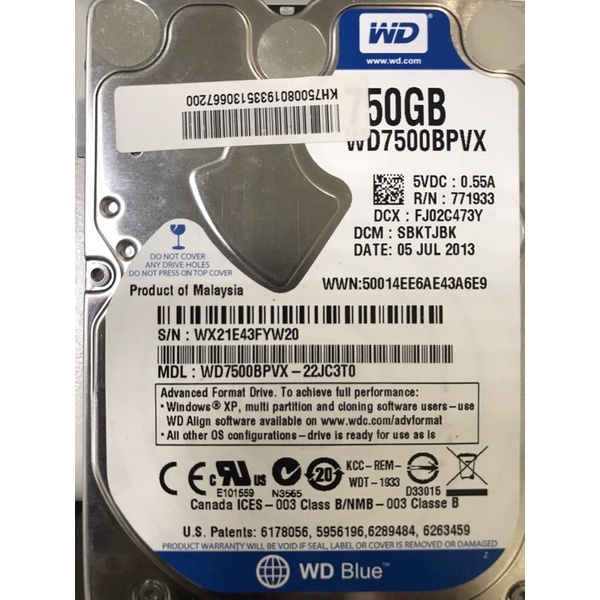 WD 7500 BPVX  22JC3T0 750GB  HHD