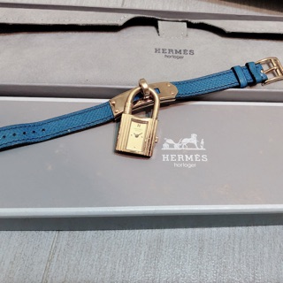 雙12超優惠25000免運 真品 愛馬仕 HERMÈS 經典 鎖頭手錶 藍錶帶金釦 附原廠盒