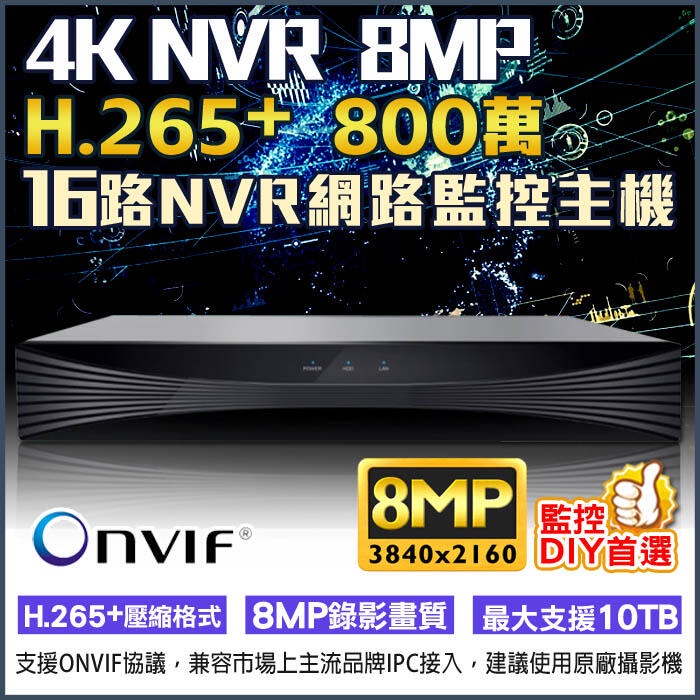 監視器  16路 NVR 800萬 8MP 監控主機  H.265+ 4K輸出 支援Onvif