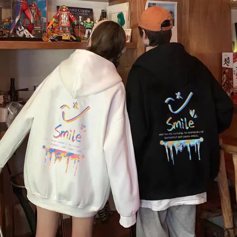 連帽刷毛印花T 連帽寬鬆潮牌刷毛款衛衣 新款韓版男生休閑情侶上衣 大學T 帽T（M+999）【壹號站】