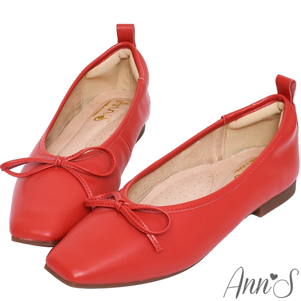 Ann’S法式平底鞋-柔軟全真皮蝴蝶結芭蕾小方頭鞋-紅(版型偏小)