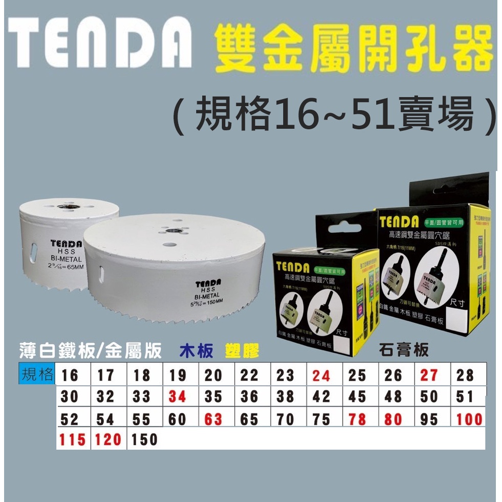 【發發五金】 TENDA (規格16-51賣場)  雙金屬開孔器 雙金屬圓穴鋸 矽酸鈣板開孔器 原廠公司貨 含稅