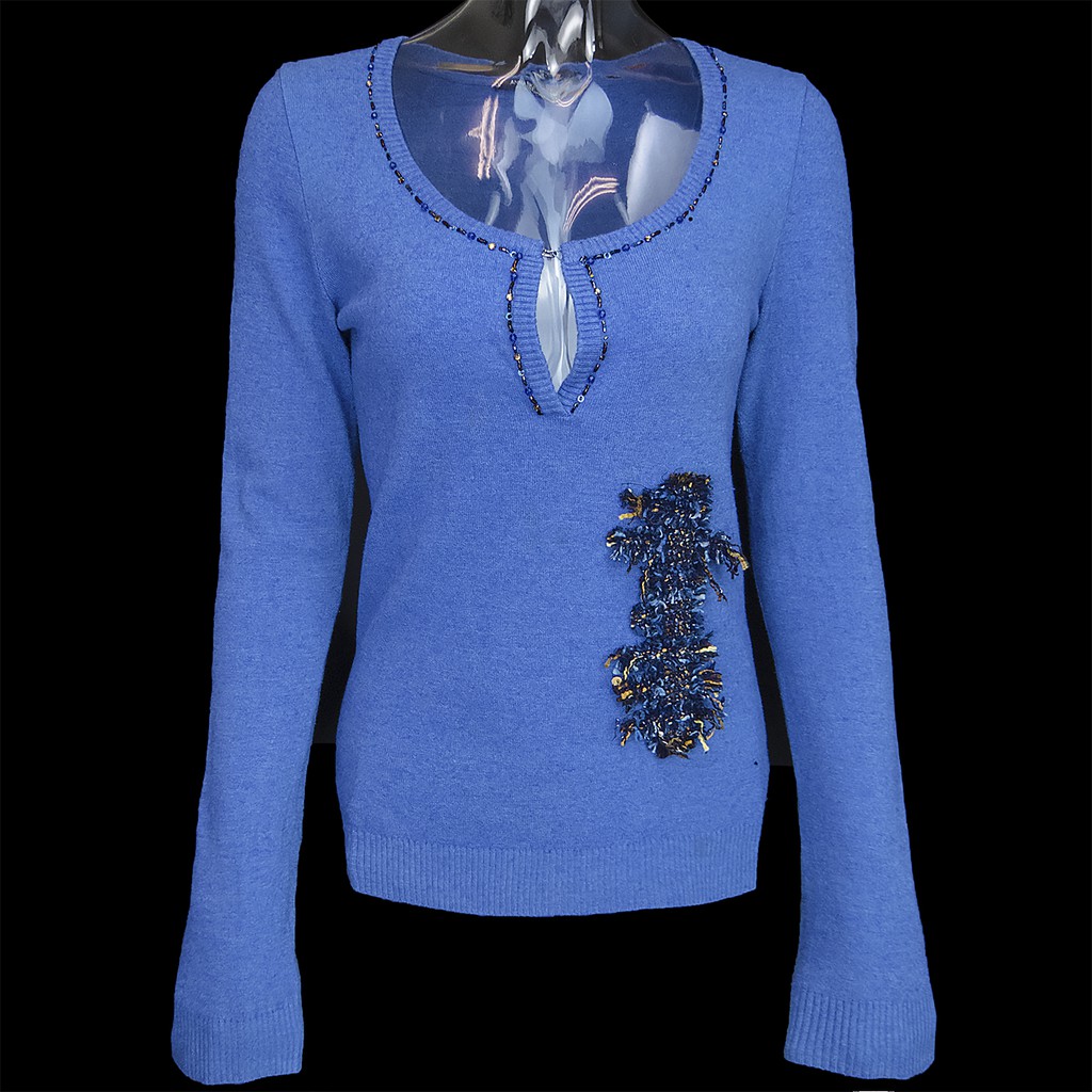 義大利品牌ANNA RACHELE羊毛藍色串珠毛呢拼貼長袖毛衣 義大利製