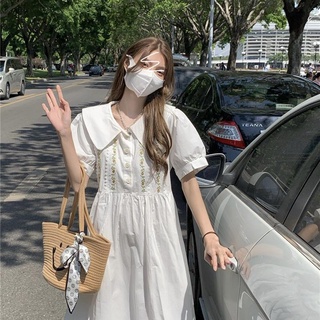 法式裙子新款娃娃領刺繡中長款短袖小個子連衣裙