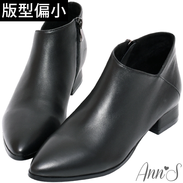 Ann’S無負擔-真皮小羊皮側V口尖頭平底短靴-黑(版型偏小)