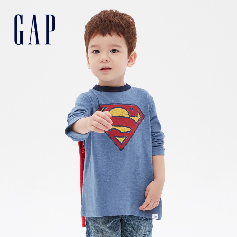 Gap 男幼童裝 Gap x DC™正義聯盟聯名 超人圓領長袖含披風-灰藍色(617864)