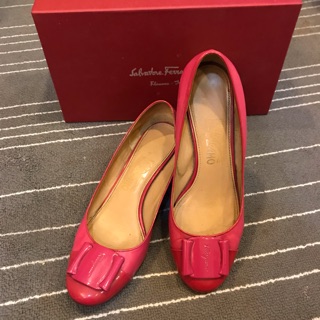Ferragamo 經典桃紅色真皮楔型鞋 楔型娃娃鞋