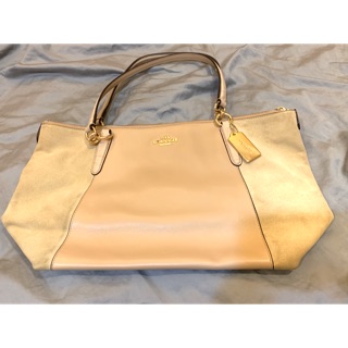 Coach 美國專櫃正品 女用肩背托特麂皮拼接包 奶茶色杏色 Coach zip tote shoulder bag