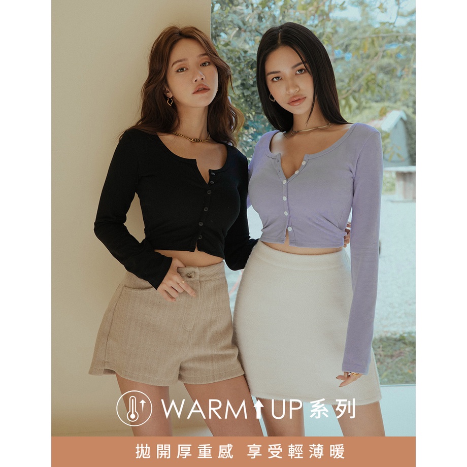 AIR SPACE WARM↑UP爆乳輕絨排釦短版發熱BRA TOP(藍紫/黑/黃) 短版 長袖 發熱衣 V領